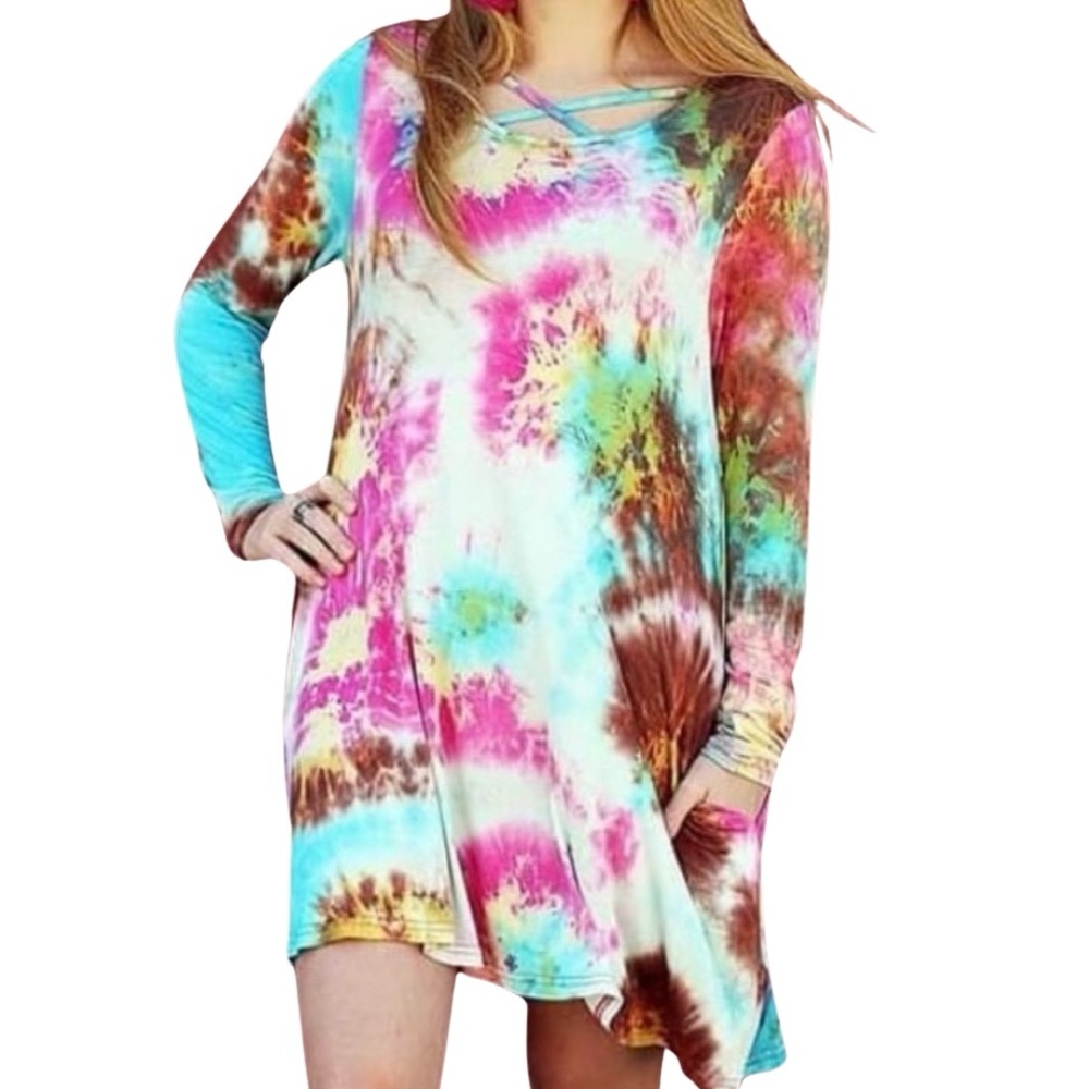 Simply Southern Multicolor Crisscross Tie Dye Knit A-line Dress Pockets Size XL